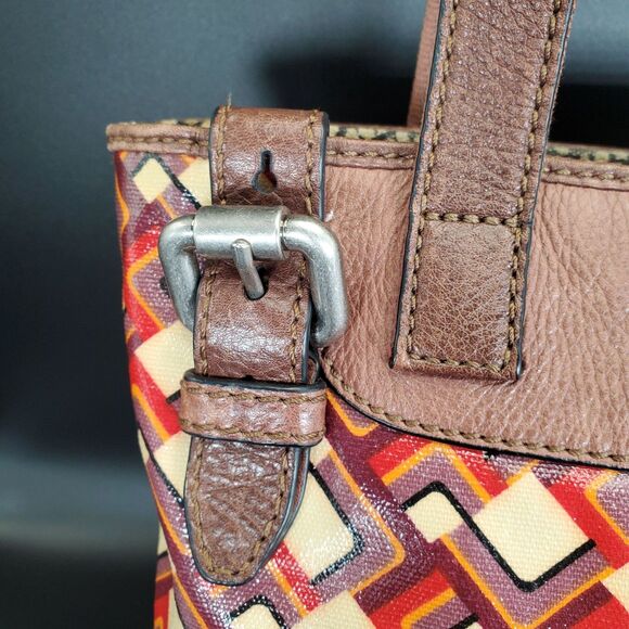 Fossil Key-Per Orange Canvas Tote Shoulder Bag Geometric Print - Picture 4 of 10